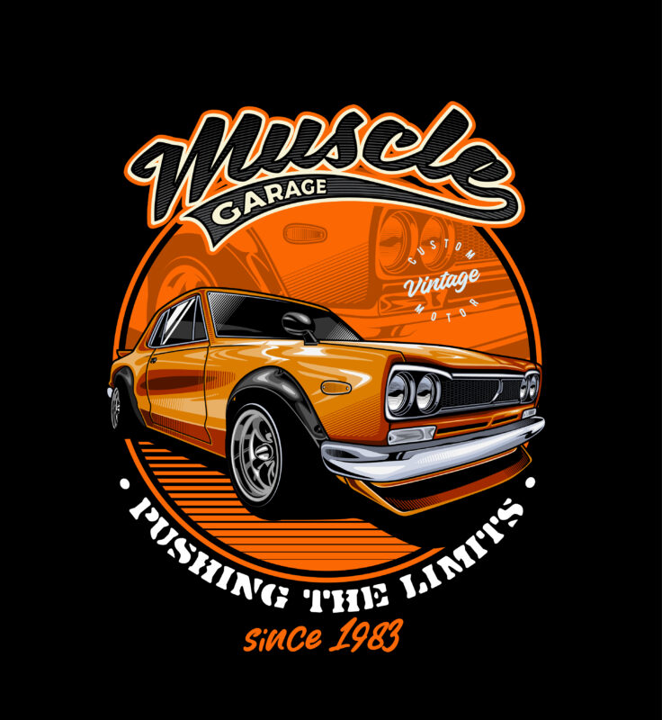 Orange Fury: Igniting the Roads – Muscle Car Vector Illustration