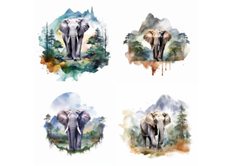 4 Elephant With The Mountain Forest Watercolor Style t shirt design graphic bundles, Elephant best seller tshirt design, Elephant tshirt design, Elephant png file