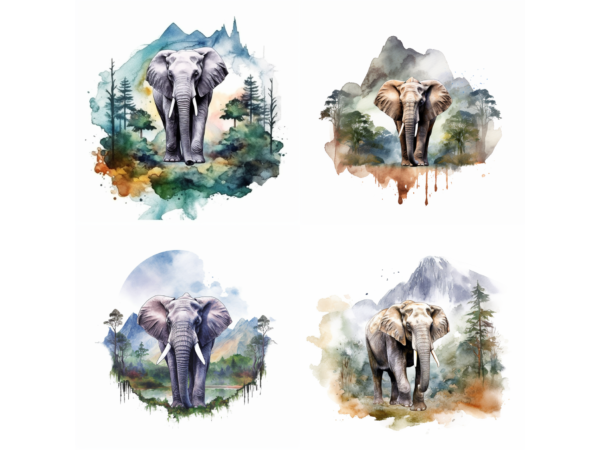 4 elephant with the mountain forest watercolor style t shirt design graphic bundles, elephant best seller tshirt design, elephant tshirt design, elephant png file