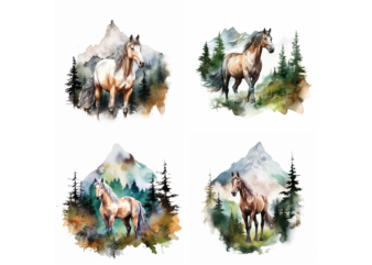 4 Horse With The Mountain Forest Watercolor Style t shirt design graphic bundles, Horse best seller tshirt design, Horse tshirt design, Horse png file