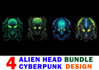 4 PNG Bundle Design Alien Head Cyberpunk T-Shirt Vector