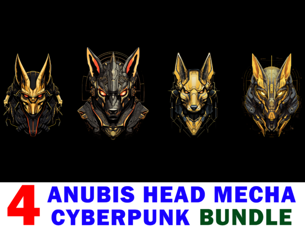 4 png bundle design anubis head mecha cyberpunk style t-shirt vector