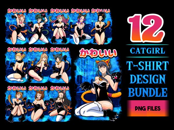 12 catgirl tshirt design bundle populer anime girls illustration