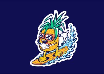 Cool Pineapple Playing Surfing Cartoon illustration of summer. t shirt vector file