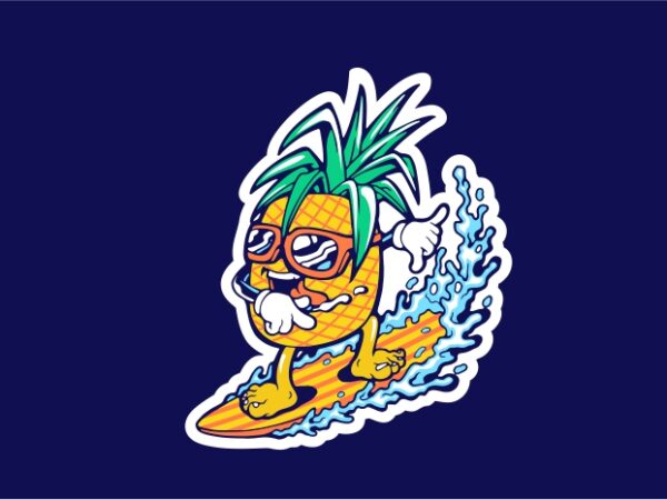 Cool pineapple playing surfing cartoon illustration of summer. t shirt vector file