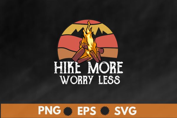 Vintage Hike More Worry Less T-Shirt design vector svg, T-Shirt design vector, hiking mom, hike your own hike, mountain hike, funny hiking mom, mountain hike, retro, sunset, camping, tent, relaxing