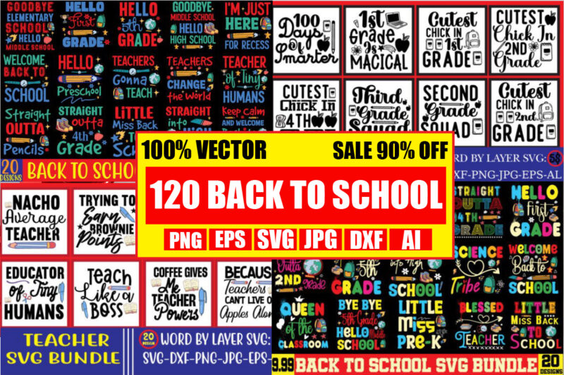 Back to School Mega Bundle 120 T-shirt Designs,Straight Outta Pencils T-shirt Design,Best Teacher Ever T-shirt Design,Back to School Svg Bundle,SVGs,quotes-and-sayings,food-drink,print-cut,mini-bundles,on-sale Girl First Day of School Shirt, Pre-K Svg, Kindergarten, 1st,