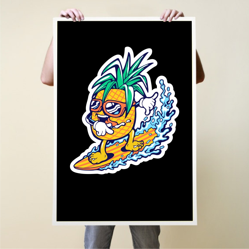 Cool Pineapple Playing Surfing Cartoon illustration of summer.
