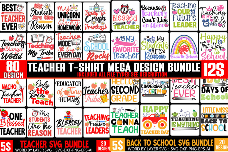 Teacher T-Shirt Design Mega Bundle, Best Selling 160 t-SHirt Design,Back to School Mega Bundle, Teacher T-Shirt Design Bundle,Teacher SVG Bundle,Back to School SVG bUndle, Back to School T-Shirt Design Bundle