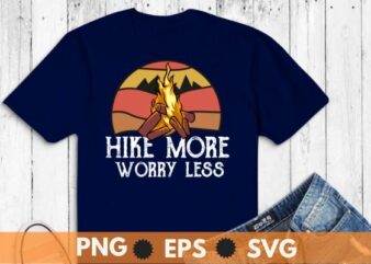 Vintage Hike More Worry Less T-Shirt design vector svg, T-Shirt design vector, hiking mom, hike your own hike, mountain hike, funny hiking mom, mountain hike, retro, sunset, camping, tent, relaxing