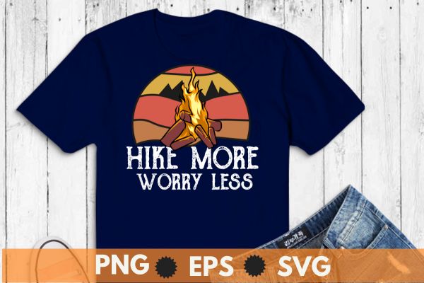 Vintage hike more worry less t-shirt design vector svg, t-shirt design vector, hiking mom, hike your own hike, mountain hike, funny hiking mom, mountain hike, retro, sunset, camping, tent, relaxing