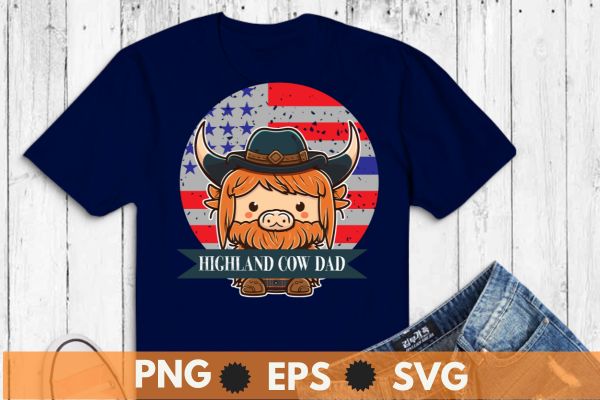 Highland cow dad vintage usa flag 4th of july t shirt design vector usa flag, 4th of july, scottish, cow