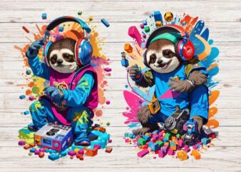 vector t-shirt art ready to print highly detailed colourful graffiti illustration of Sloth playing with TNT, wearing headphones