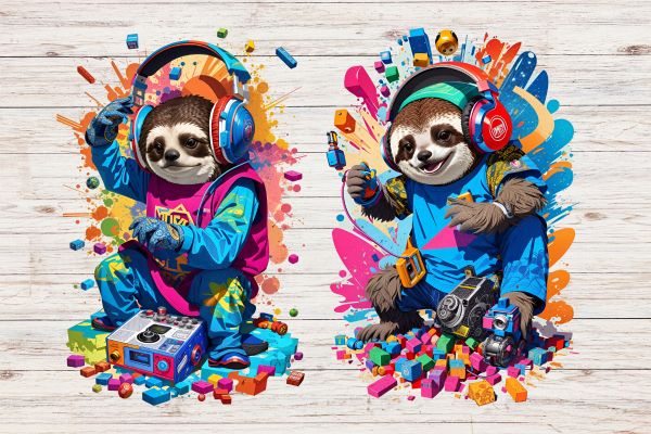 Vector t-shirt art ready to print highly detailed colourful graffiti illustration of sloth playing with tnt, wearing headphones