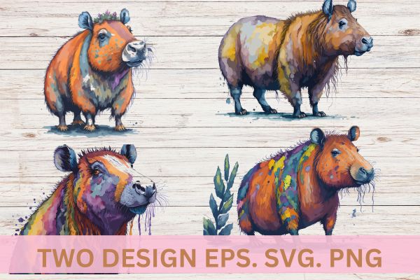 4 capybara watercolor, capybara clipart, wild animal clipart bundle eps svg png