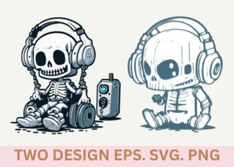 a human skeleton wear a headphone and playing video game, KAWAII, contour, white background, clipart style,