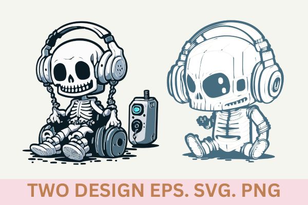 A human skeleton wear a headphone and playing video game, kawaii, contour, white background, clipart style, t shirt vector