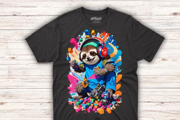 vector t-shirt art ready to print highly detailed colourful graffiti illustration of Sloth playing with TNT, wearing headphones