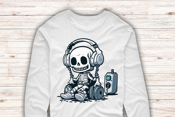 a human skeleton wear a headphone and playing video game, KAWAII, contour, white background, clipart style,