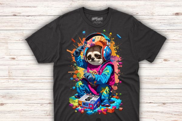 vector t-shirt art ready to print highly detailed colourful graffiti illustration of Sloth playing with TNT, wearing headphones