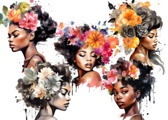 Black Girl Flower Watercolor Clipart
