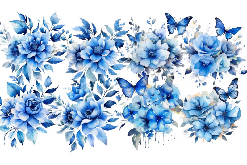 Blue Watercolor Flower and Butterflies