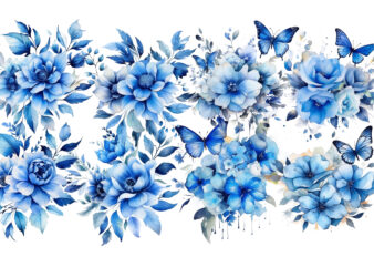 Blue Watercolor Flower and Butterflies