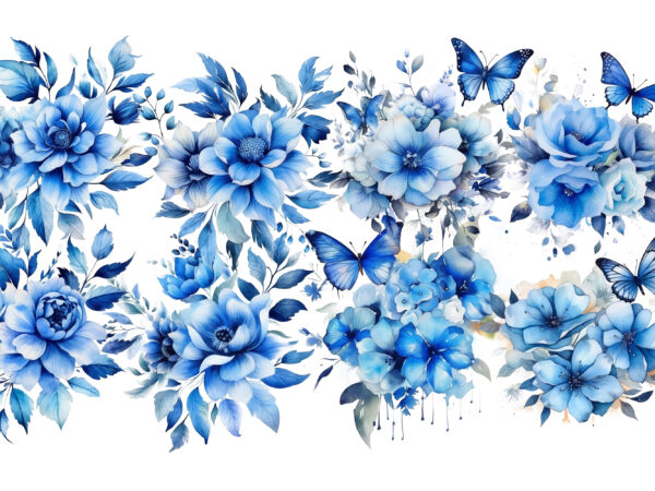 Blue watercolor flower and butterflies t shirt template