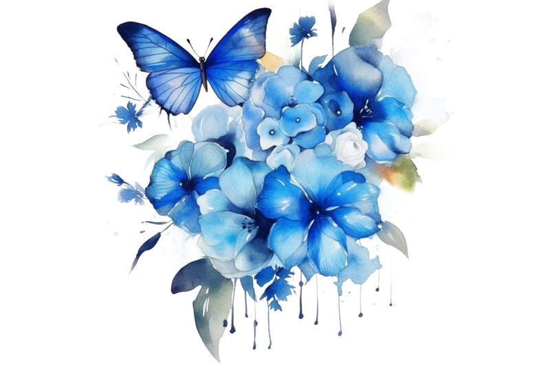 Blue Watercolor Flower and Butterflies