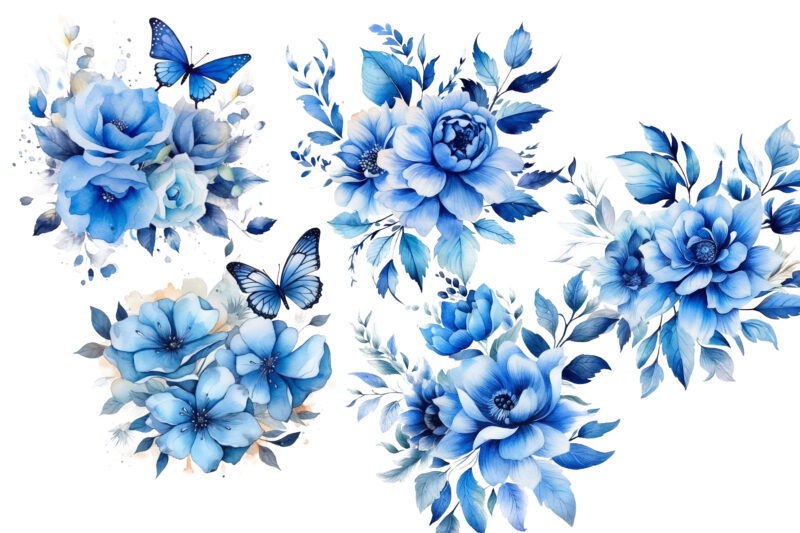 Blue Watercolor Flower and Butterflies