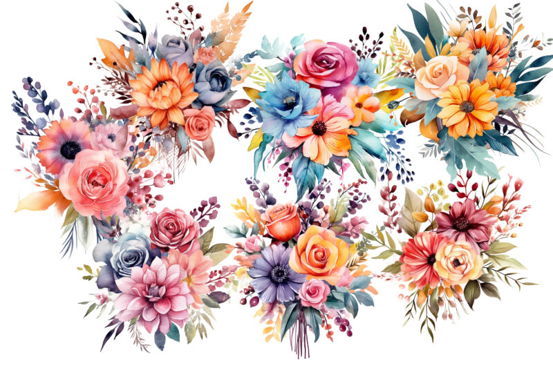 Boho Bouquet Watercolor Flowers Clipart