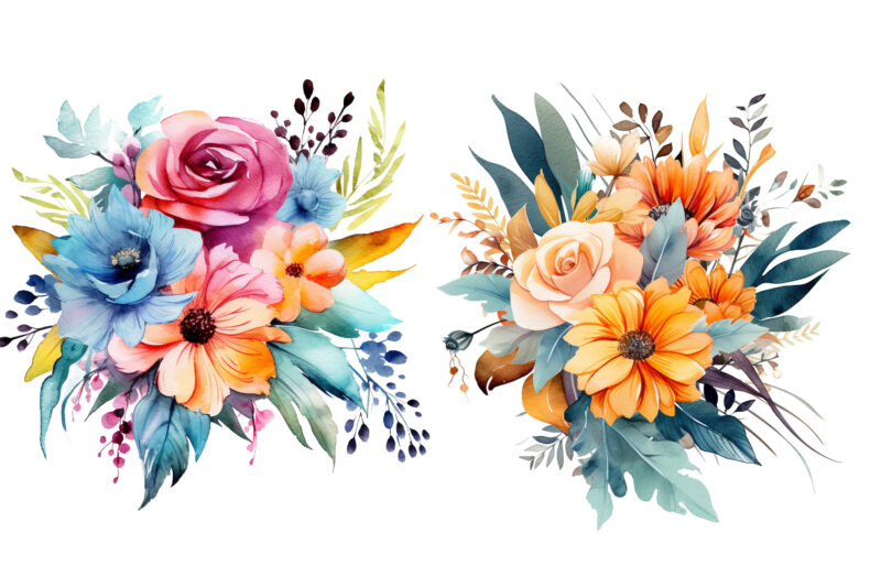 Boho Bouquet Watercolor Flowers Clipart