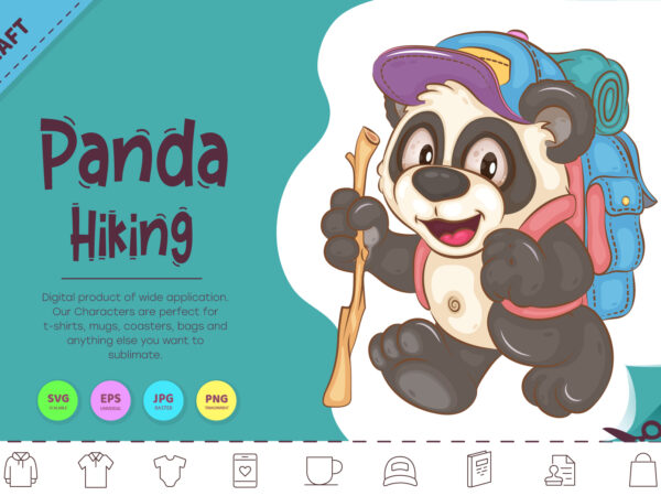 Cartoon panda hiking. animal art. t shirt vector file
