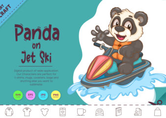 Cartoon Panda on Jet Ski. Animal Art.