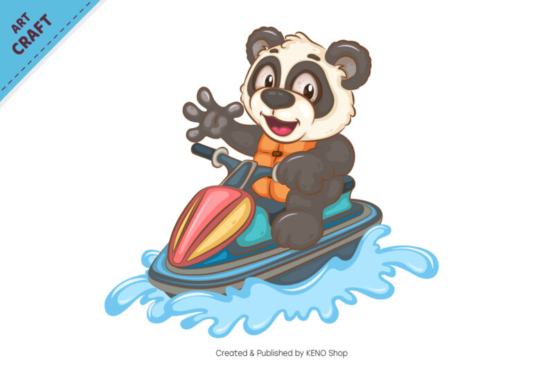 Cartoon Panda on Jet Ski. Animal Art.