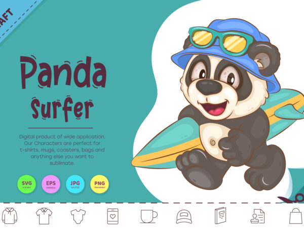 Cartoon panda surfer. animal art. t shirt vector file