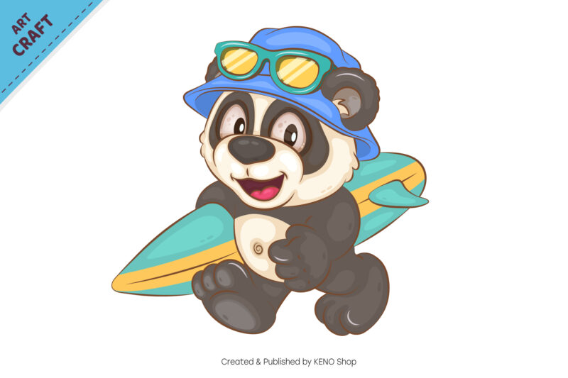 Cartoon panda surfer. Animal Art.