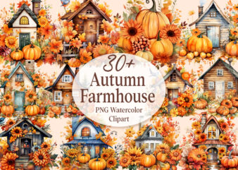 Autumn Farmhouse PNG Watercolor Clipart Collection, Autumn Sublimation T shirt Designs Bundle