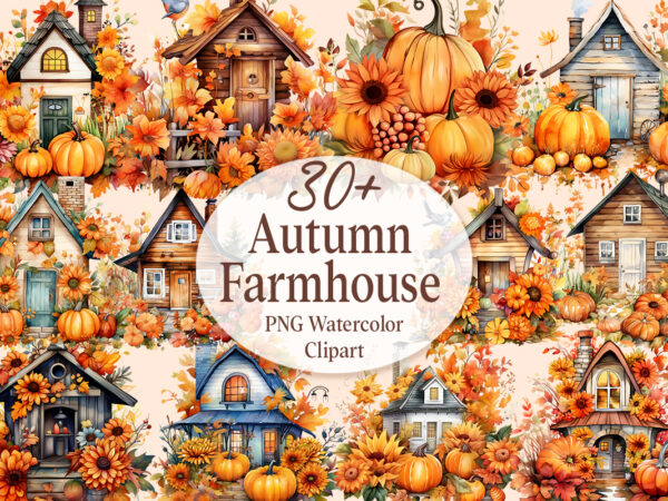 Autumn farmhouse png watercolor clipart collection, autumn sublimation t shirt designs bundle