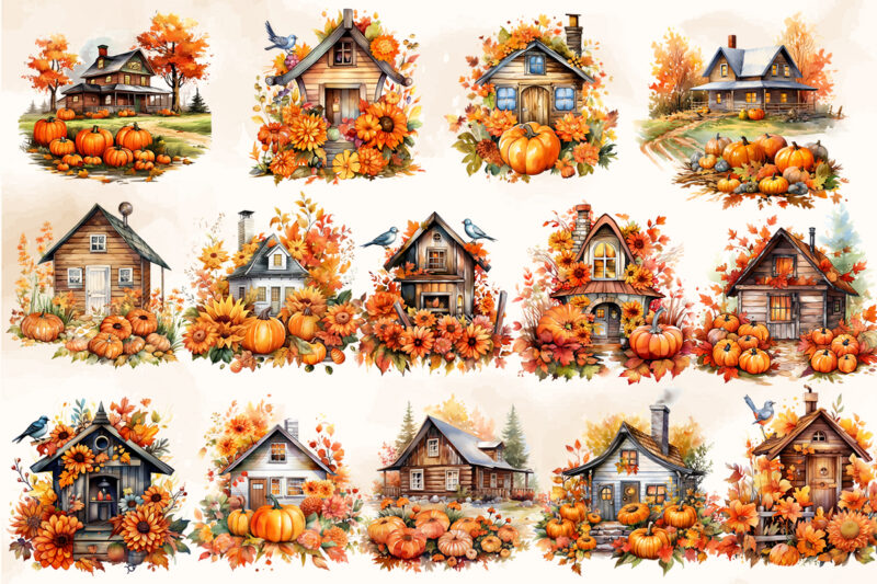 Autumn Farmhouse PNG Watercolor Clipart Collection, Autumn Sublimation T shirt Designs Bundle