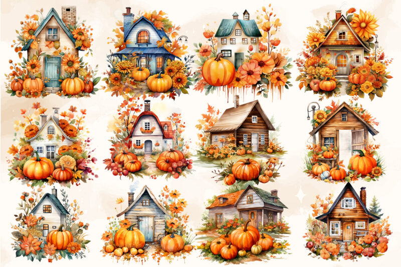 Autumn Farmhouse PNG Watercolor Clipart Collection, Autumn Sublimation T shirt Designs Bundle