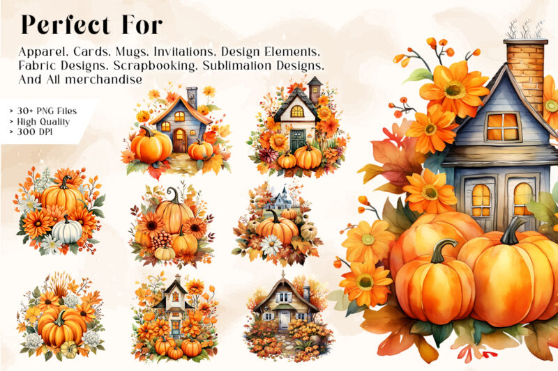 Autumn Farmhouse PNG Watercolor Clipart Collection, Autumn Sublimation T shirt Designs Bundle