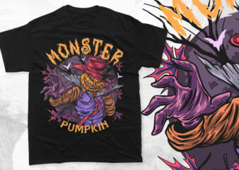 Monster Pumpkin Halloween T-shirt Design, Vector Halloween T shirt Design for POD