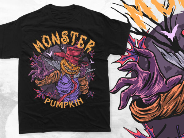 Monster pumpkin halloween t-shirt design, vector halloween t shirt design for pod