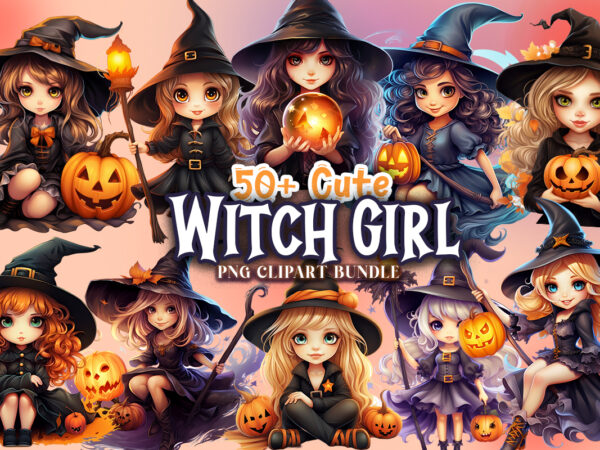 Cute halloween witch girl png clipart bundle, anime halloween girl t-shirt designs, halloween png t shirt designs bundle