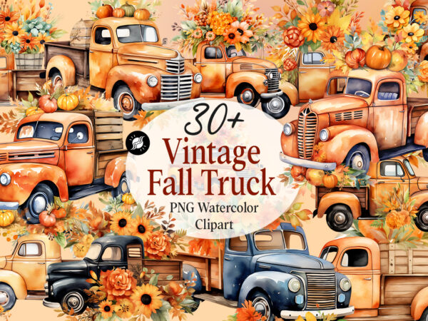 Vintage fall truck png watercolor sublimation clipart bundle, fall t-shirt designs bundle, watercolor autumn fall sublimation bundle for print on demand