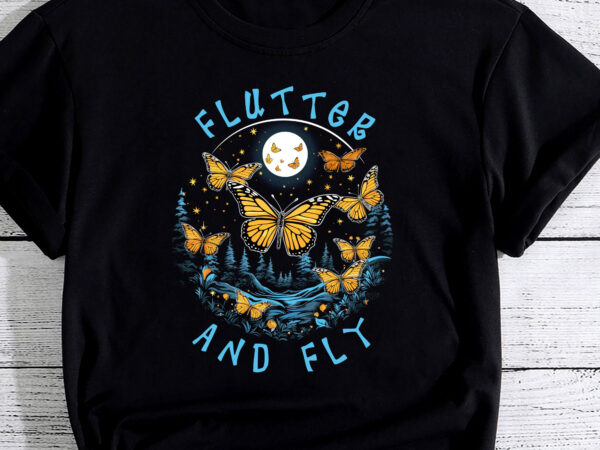 Flutter and fly apparel, monarch butterflies on glowing moon pc t shirt graphic design