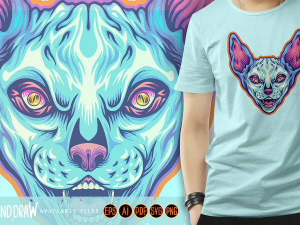 Grinning sphynx cat head cartoon illustrations t shirt design template