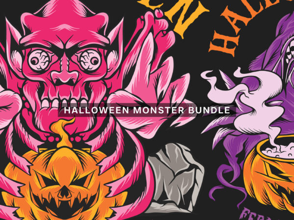 Halloween monster vector t-shirt designs bundle, spooky cartoon halloween illustrations, clothing apparel designs for pod