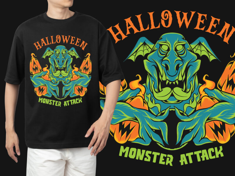 Halloween monster vector t-shirt designs bundle, spooky cartoon halloween illustrations, clothing apparel designs for POD